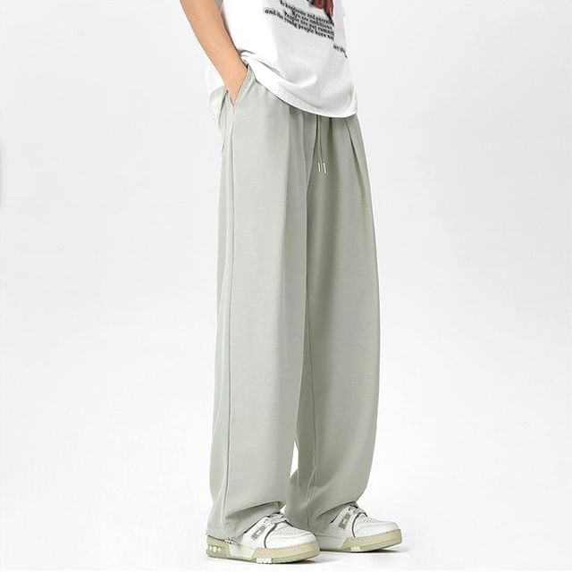 farrahces-Drawstring Waist Plain Wide Leg Pants