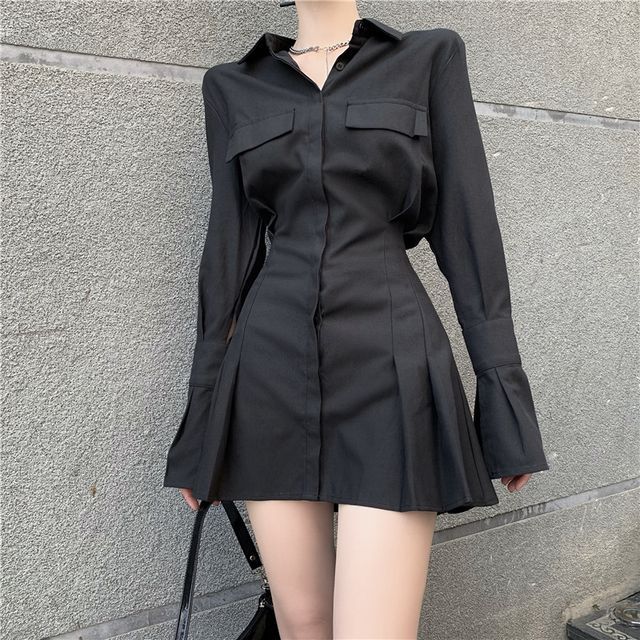 open lace back dress MO&Co. Women's Long Sleeves Pleated Mini Shirt Dress Preppy Core Grey Size Xs main image 1