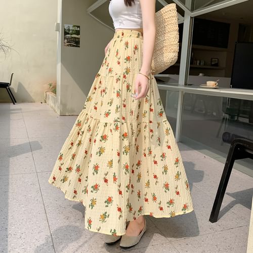 Juuri - Elastic Waist Floral Print Tiered Maxi A-Line Skirt