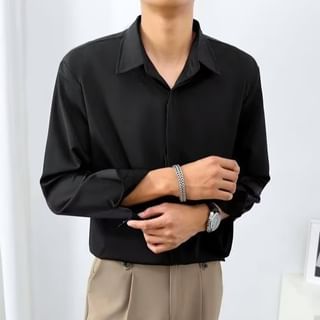 Naideth-Long-Sleeve Button-Up Plain Shirt