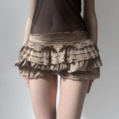 Off-Shoulder Plain Flower Accent Frill Trim Slim Fit Crop Top / High Rise Tiered Maxi A-Line Skirt