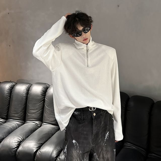 Orungeetun-Long Sleeve Stand Collar Plain Half Zip Top