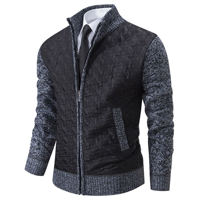 YIKES-Stand Collar Melange Panel Zip Cardigan