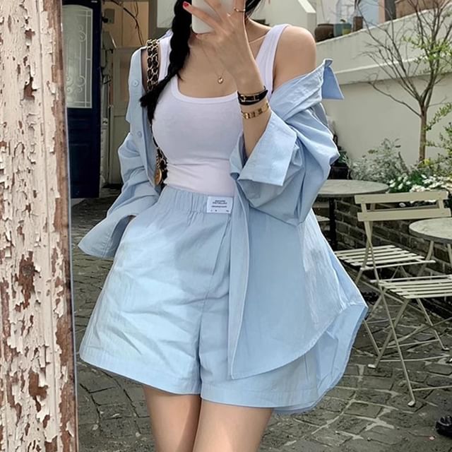 Coris-Set Plain Shirt High Waist Shorts