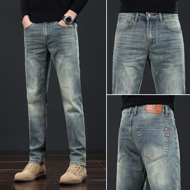 Denimic-Mid Rise Washed Straight Leg Jeans