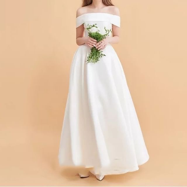 Fioridi - Off-Shoulder Plain Satin Maxi A-Line Wedding Dress | YesStyle