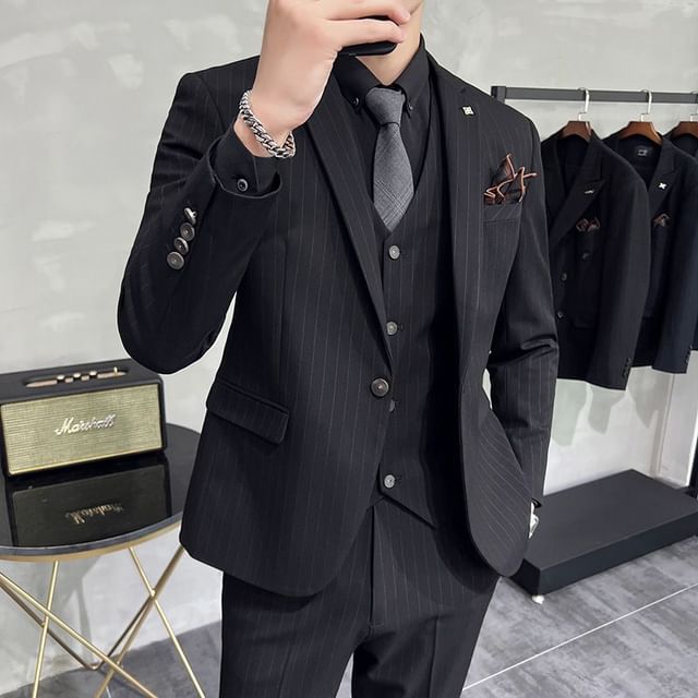 Bay Go Mall-Set Lapel Collar Pinstriped Single Button Blazer Single Breasted Vest Mid Rise Dress Pants