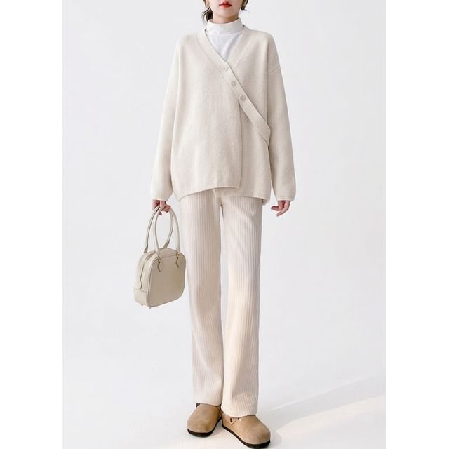 Shinsei-Maternity V-Neck Plain Button Sweater Elastic Waist Plain Straight Leg Pants Set