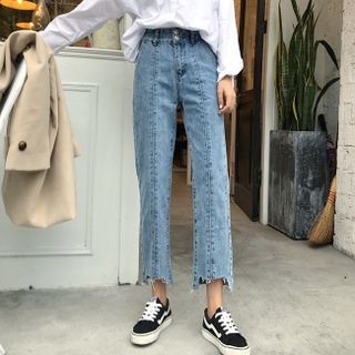 Plain Camisole Top / Button Up Long Sleeve Shirt / High Waist Straight Leg  Jeans