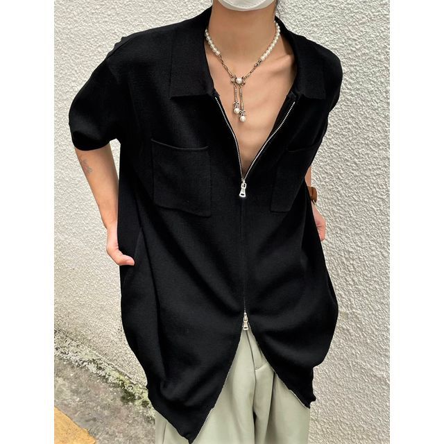 Nahagin-Short-Sleeve Collar Zip Knit Top