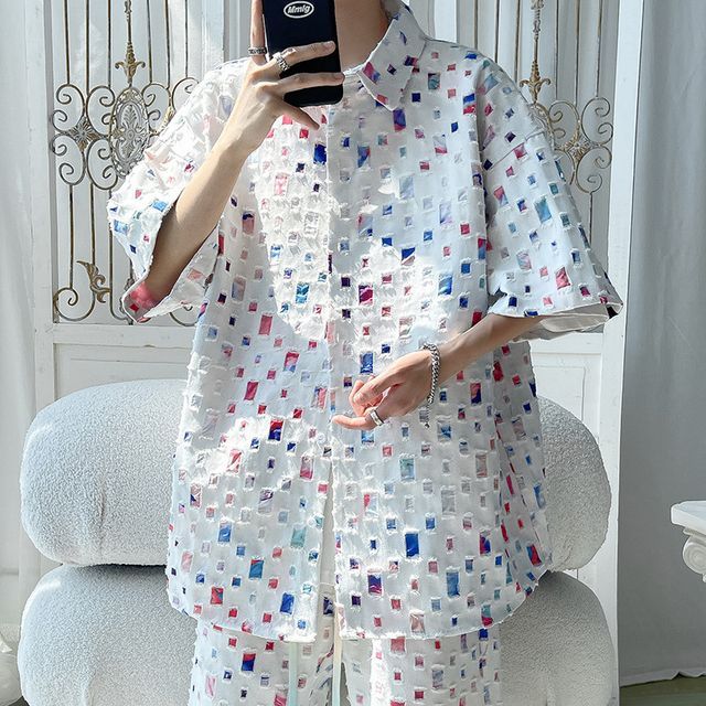 Obikan-Elbow-Sleeve Patchwork Frayed Shirt