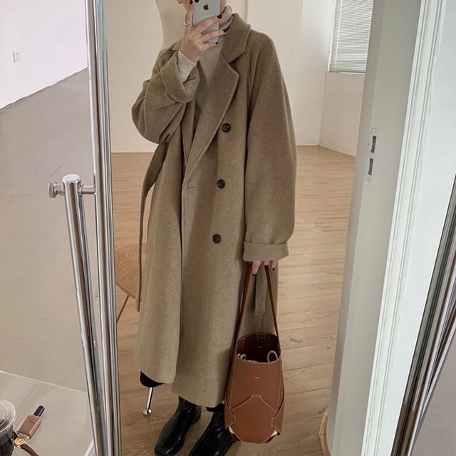 Jesong-Collared Plain Midi Double Breasted Coat
