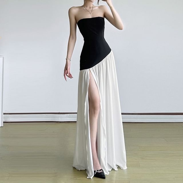 Allinya-Strapless Paneled Slit Midi Bodycon Dress