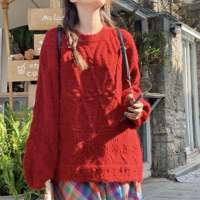Beem-Round Neck Plain Cable-Knit Oversized Sweater