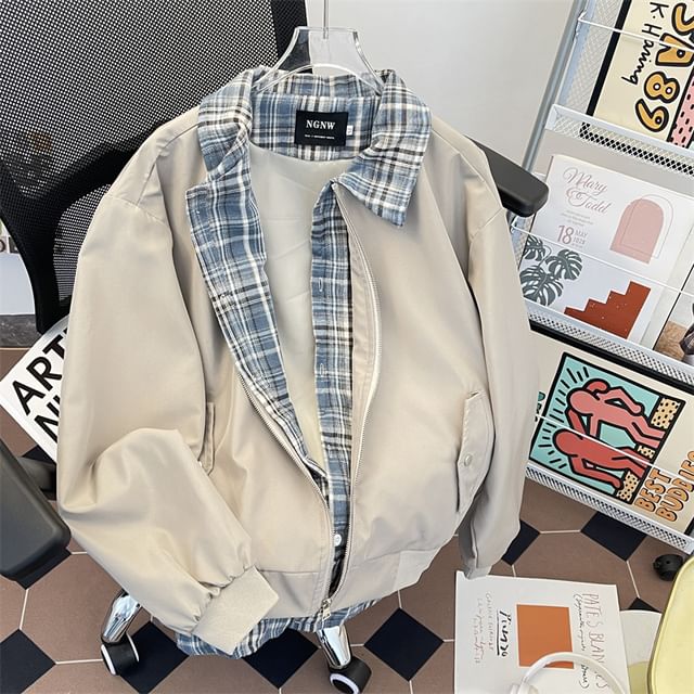 Plummie-Mock Two-Piece Plaid Collared Zip Jacket