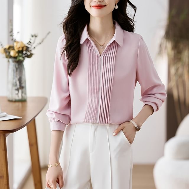 Dragan Pulse-Long Sleeve Collared Plain Pintuck Shirt