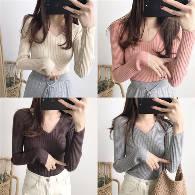 MIKIGA-V-Neck Plain Ribbed Sweater