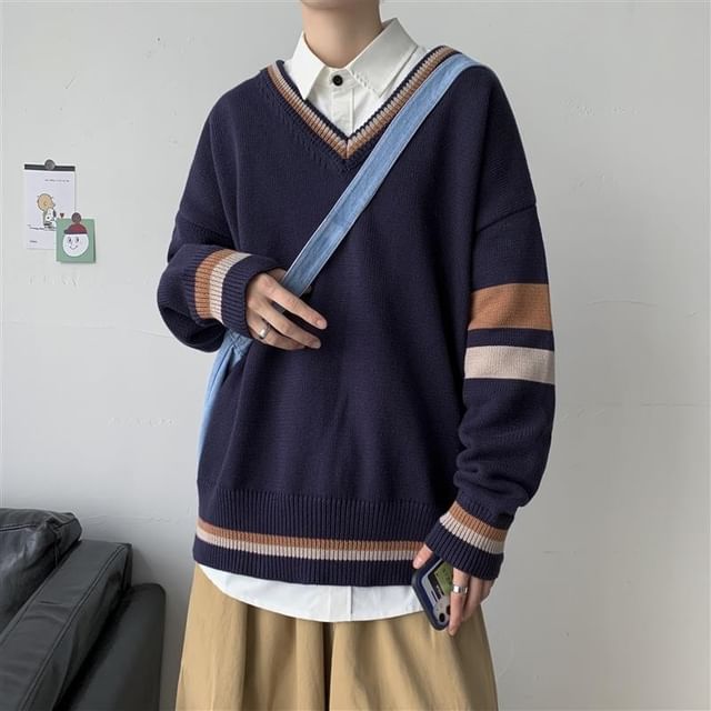 Bay Go Mall-V-Neck Striped Sweater