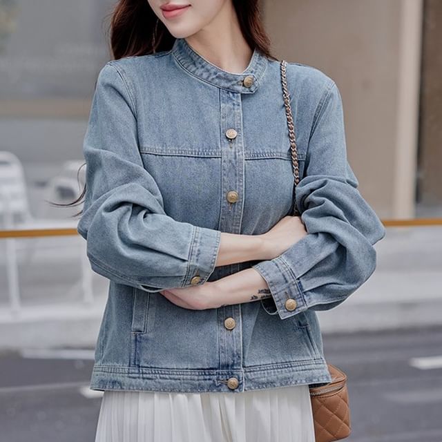 Happo-Band Collar Washed Panel Button Denim Jacket