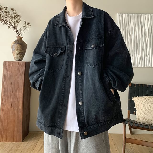 Priam-Collared Washed Button-Up Denim Jacket