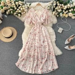 Lucuna - Short-Sleeve V-Neck Floral Midi A-Line Dress