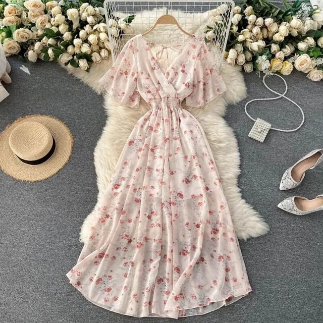 Lucuna - Short-Sleeve Floral Midi A-Line Dress