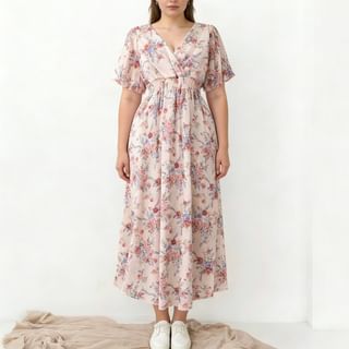 Lucuna - Short-Sleeve V-Neck Floral Midi A-Line Dress | YesStyle