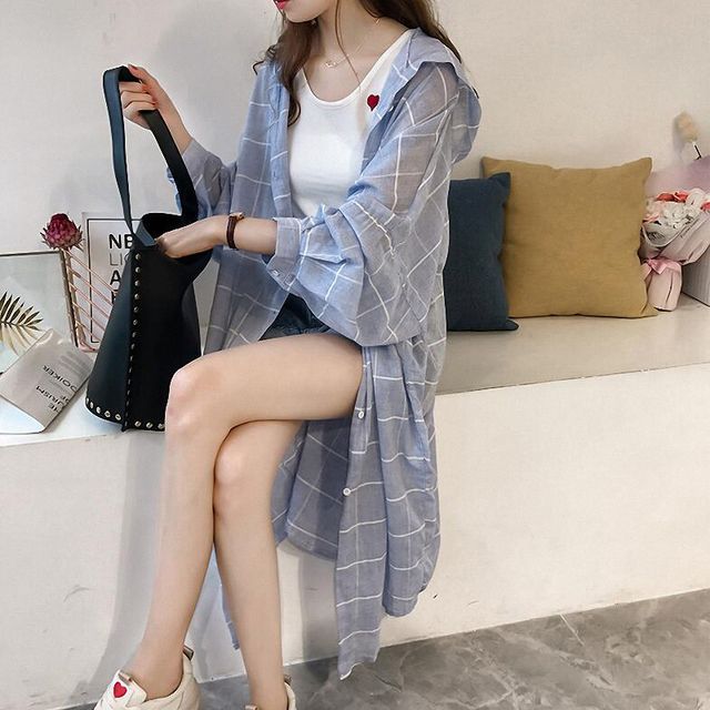 Bolgivy-Checked Hooded Long Shirt Jacket