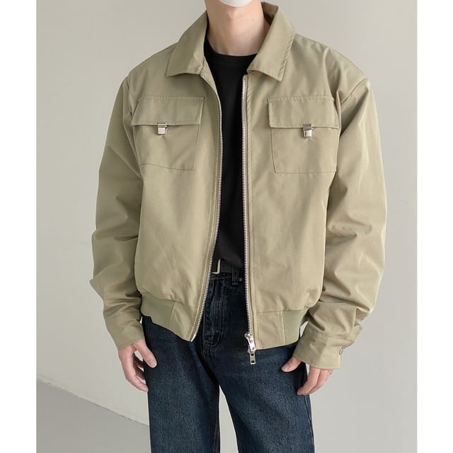 WidoWilder-Collared Plain Zip-Up Cargo Jacket