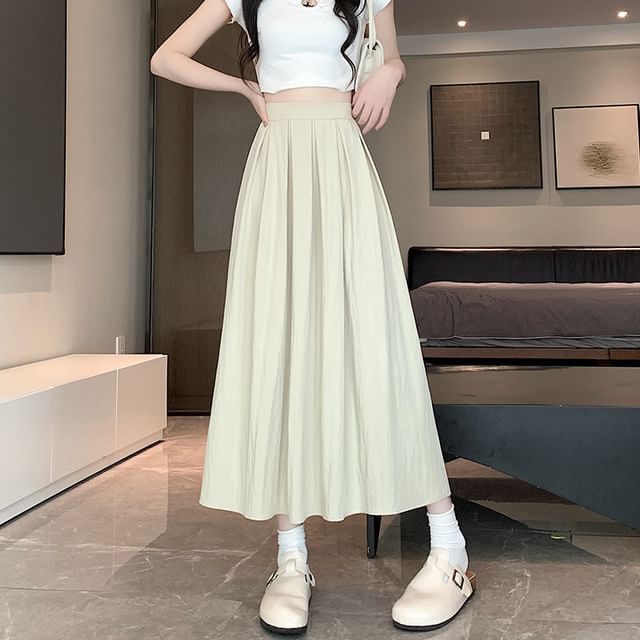 Anjalia - High Waist Plain Pleated Midi A-Line Skirt | YesStyle