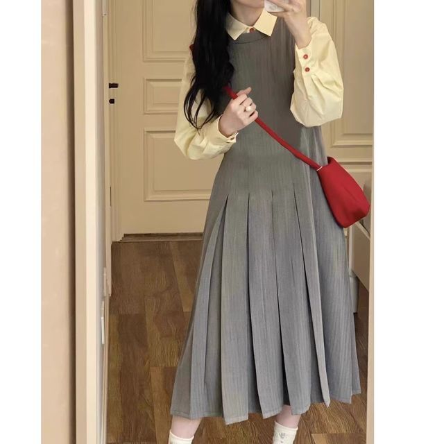 Fabflower - Round Neck Plain Pleated Midi A-Line Dungaree Dress /  Long-Sleeve Shirt / Set | YesStyle