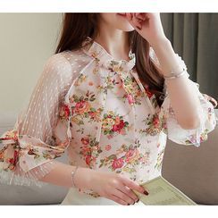 KOHIN - Collared Floral Print Chiffon Blouse