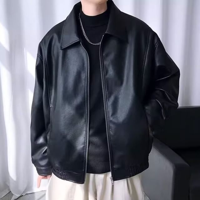 Sinlarity-Faux Leather Collared Zip-Up Jacket