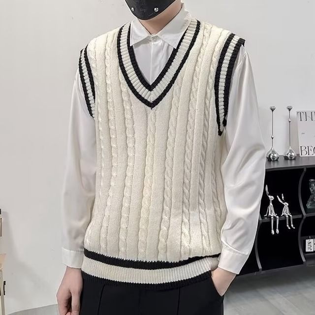 Sinlarity-V-Neck Cable Knit Sweater Vest