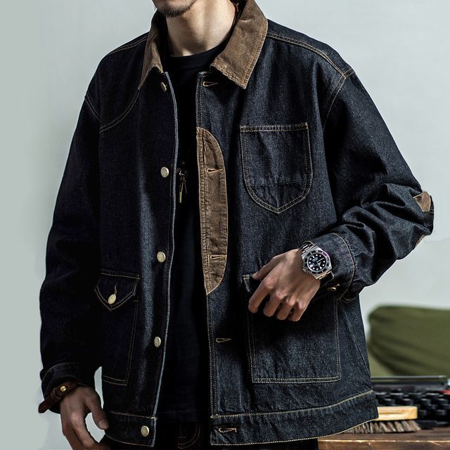 Adothuiastic-Collared Corduroy Panel Button-Up Denim Cargo Jacket