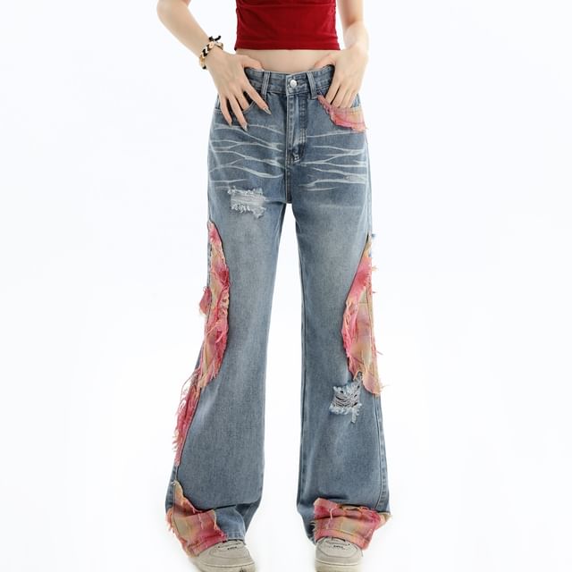 INStudio-Mid Rise Washed Distressed Panel Wide Leg Jeans
