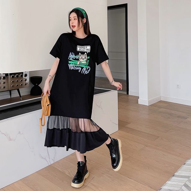 Short-Sleeve Cartoon Print Mesh Panel 