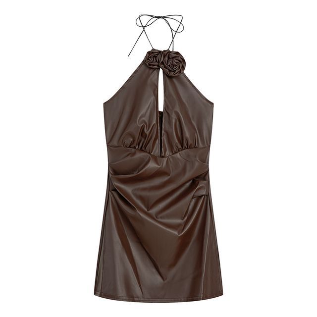 MISHI CLUB - Halter-Neck Faux Leather Mini A-Line Dress