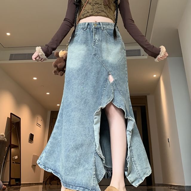 Porstina Low Waist Asymmetrical Washed Ruffle Slit Midi A-Line