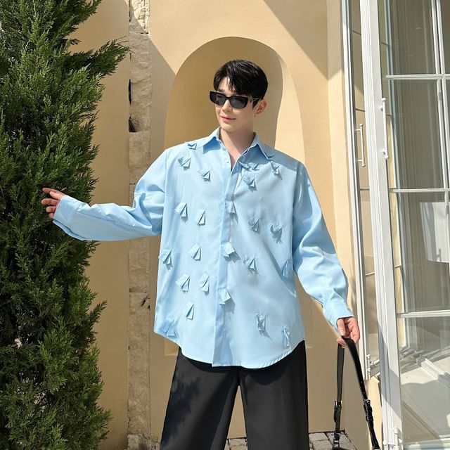 Freehop-Long-Sleeve Button-Up Plain Shirt