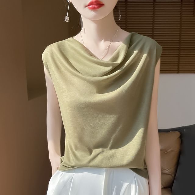 Weelop-Sleeveless Cowl Neck Satin Blouse
