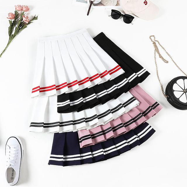 Woohan-High Waist Striped Hem Mini Pleated Skirt