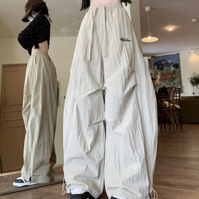 Porstina-Drawstring Waist Plain Baggy Pants