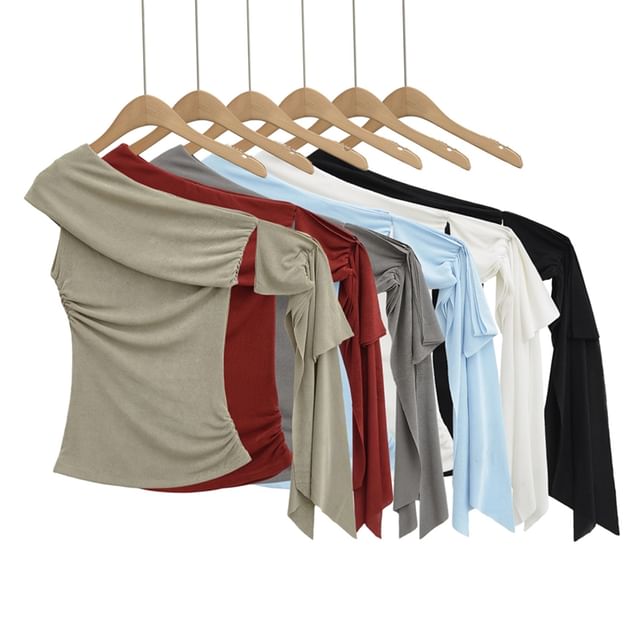 Ulark-Sleeveless One Shoulder Plain Ruched Top