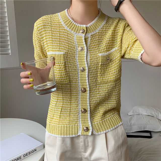 Sienne-Short-Sleeve Crew Neck Striped Cardigan