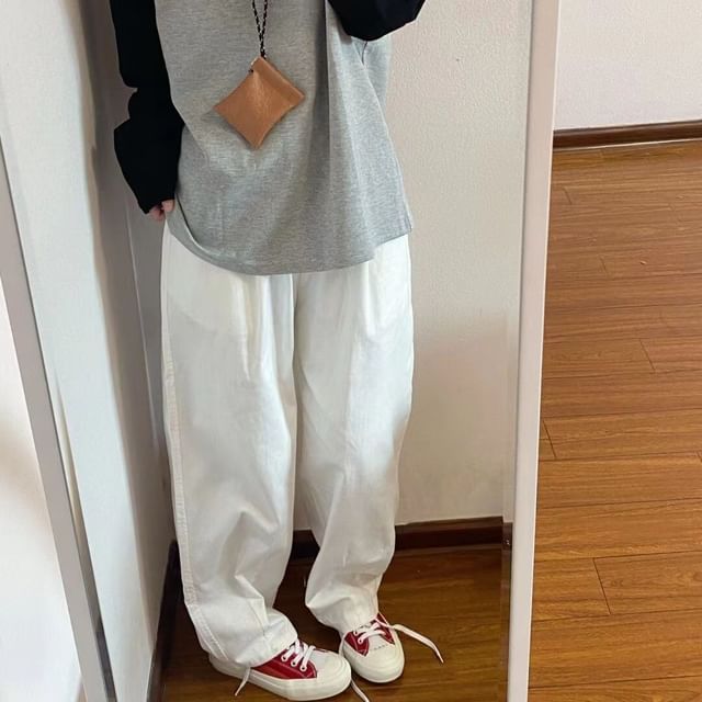 Shineon Studio-High Waist Plain Loose Fit Pants
