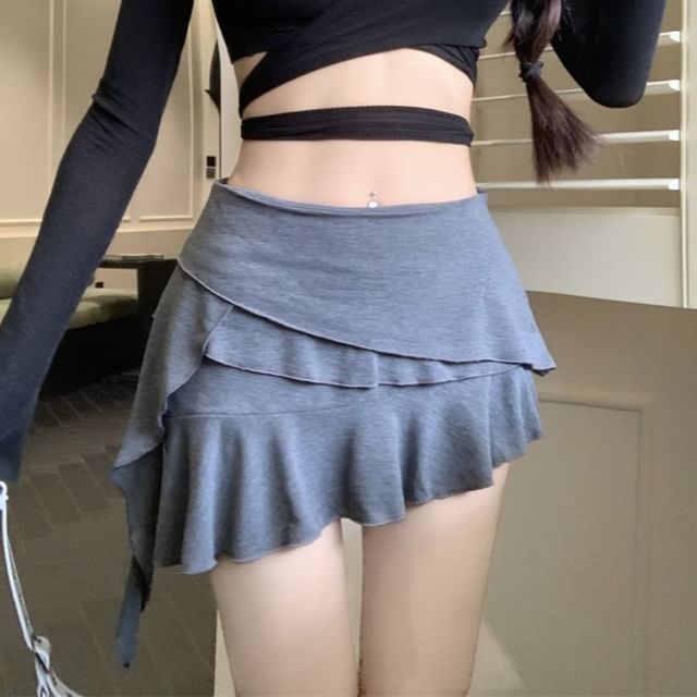 Metonymph-Mid Rise Plain Ruffle Asymmetrical Panel Mini A-Line Skirt