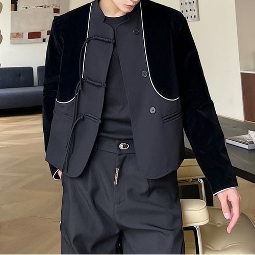 Long-Sleeve Chinese Knot Button Velvet Panel Jacket