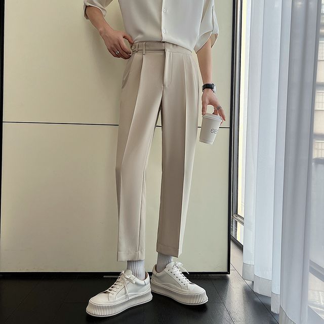 Omozando-High Waist Plain Tapered Dress Pants
