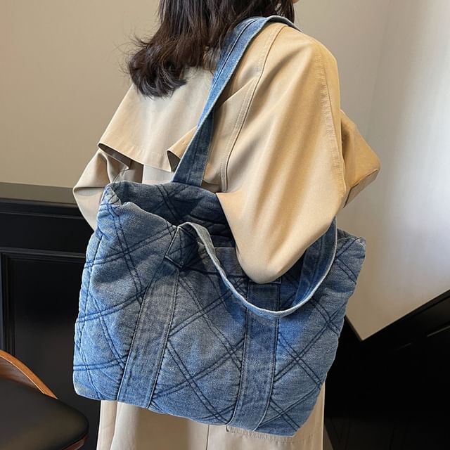 Melois-Quilted Washed Denim Carryall Bag